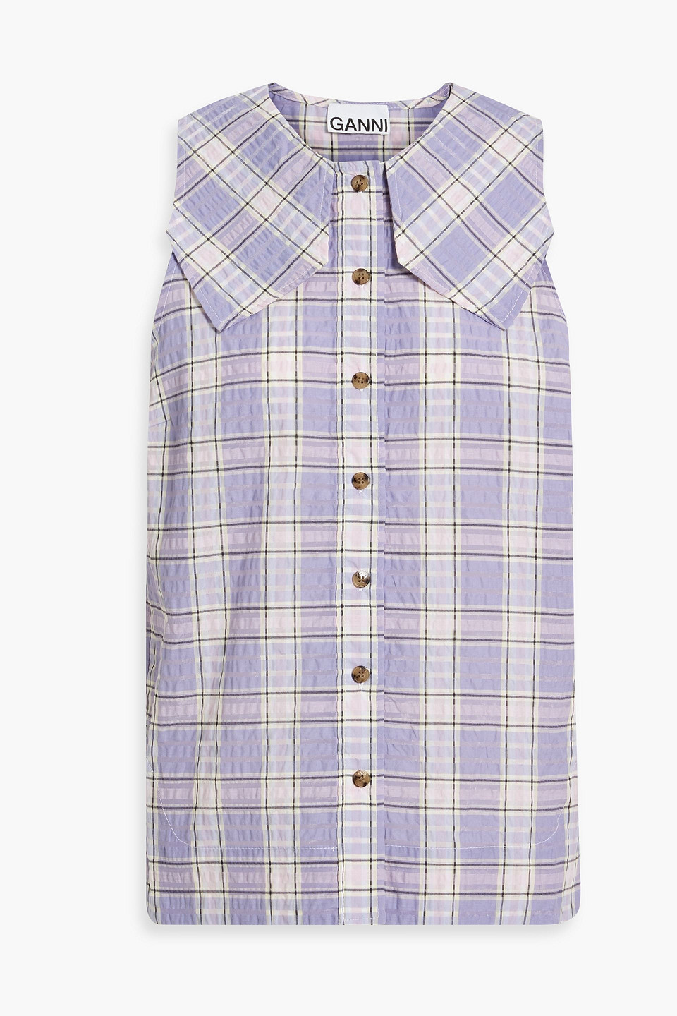 Shop Ganni Checked Cotton-blend Seersucker Top In Lavender