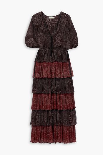 ULLA JOHNSON シルククレポン マキシワンピース ティアード プリント入り