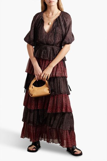 ULLA JOHNSON シルククレポン マキシワンピース ティアード プリント入り
