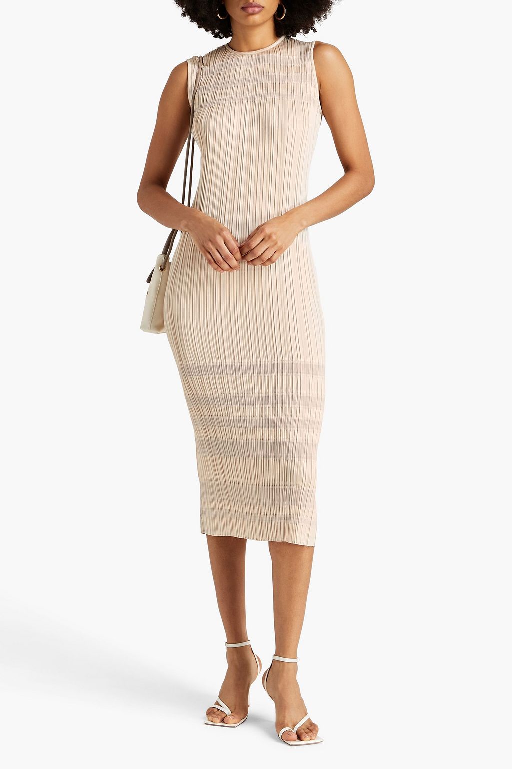 LAFAYETTE 148 فستان متوسط الطول «بوني» من ساتان بتجعيدات رفيعة بتصميم مخطط