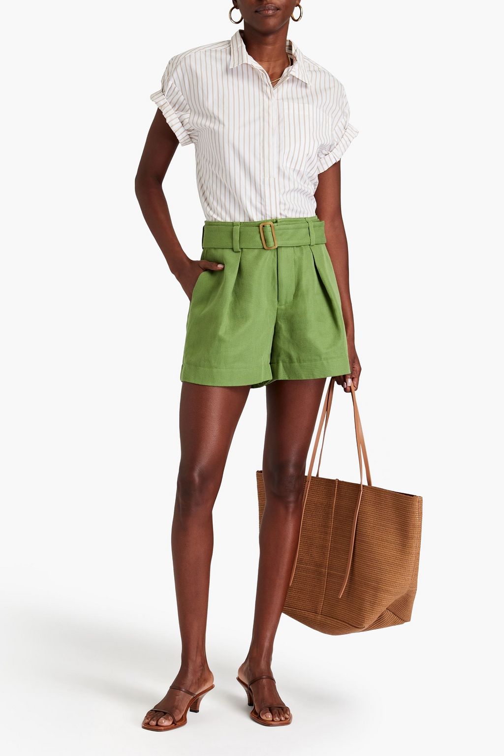 VINCE. Belted cotton and linen-blend twill shorts