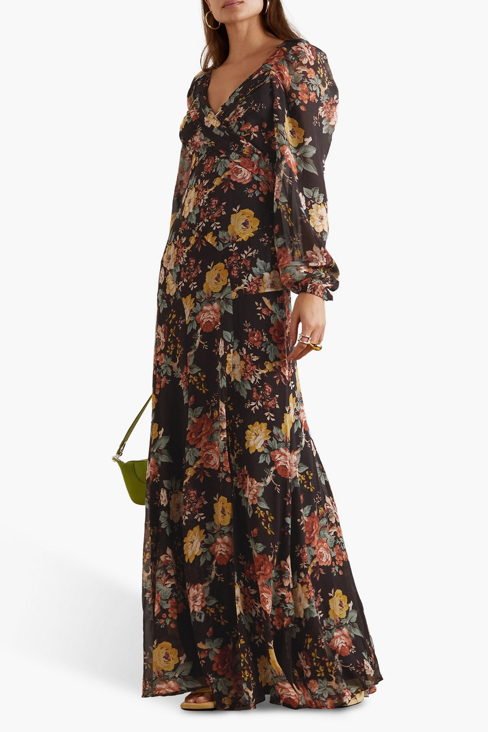 Shop Veronica Beard Avani Wrap-effect Floral-print Silk-chiffon Maxi Dress In Dark Brown