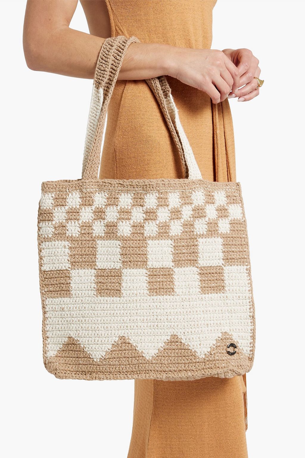 CATARINA MINA Chess checked crocheted cotton tote