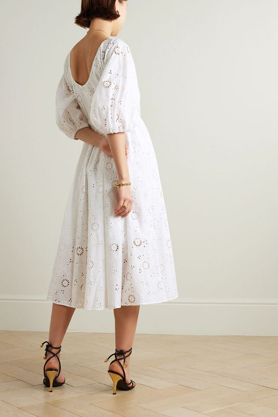Carolina Herrera Pleated Broderie Anglaise Cotton Midi Dress In White