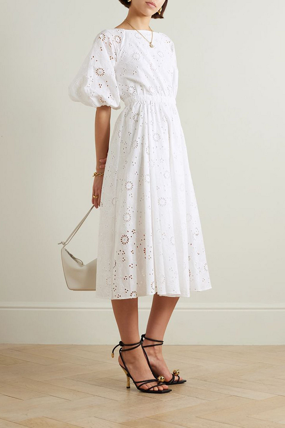 Carolina Herrera Pleated Broderie Anglaise Cotton Midi Dress In White