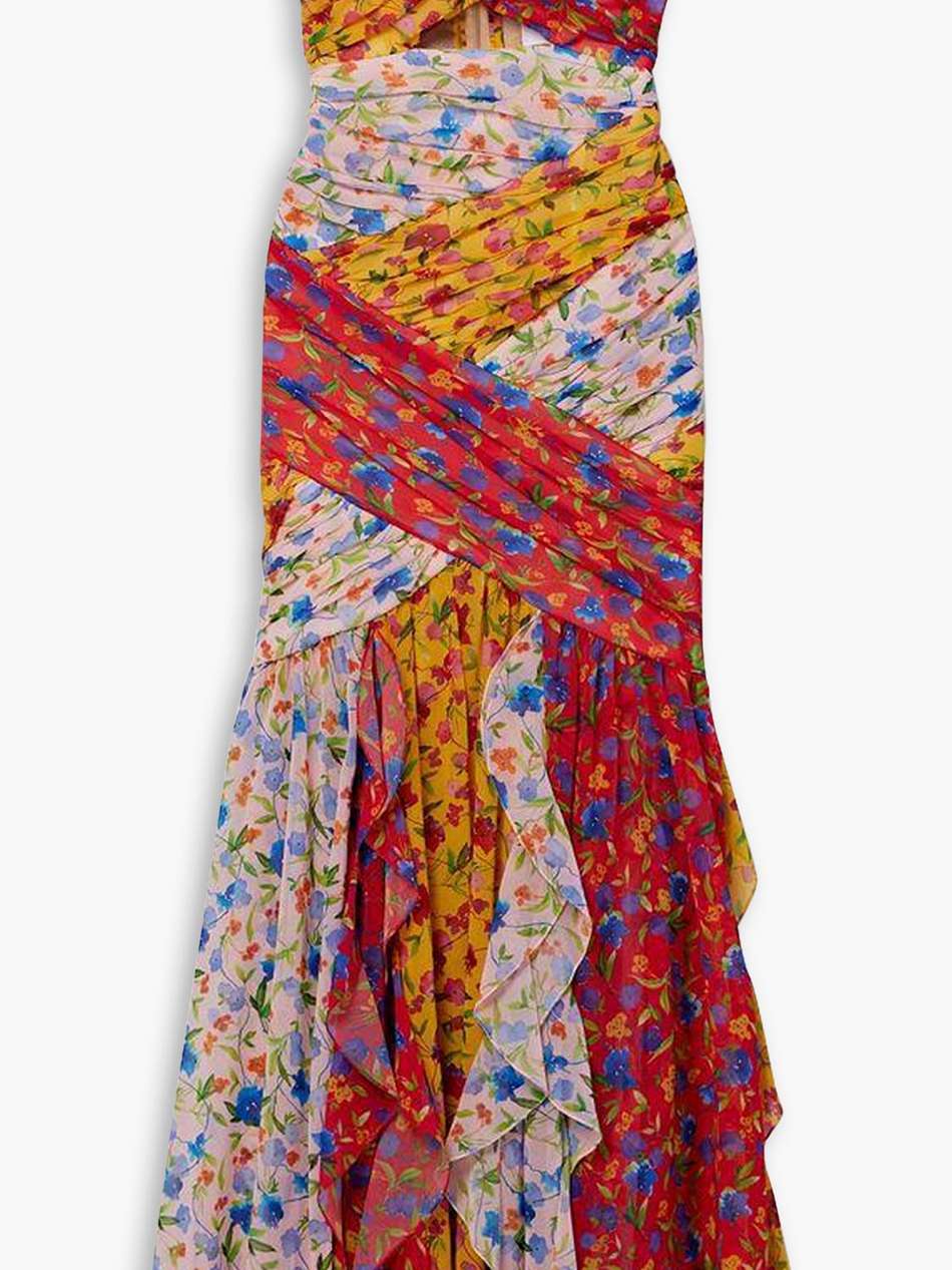 strapless ruched cutout floral-print georgette midi dress