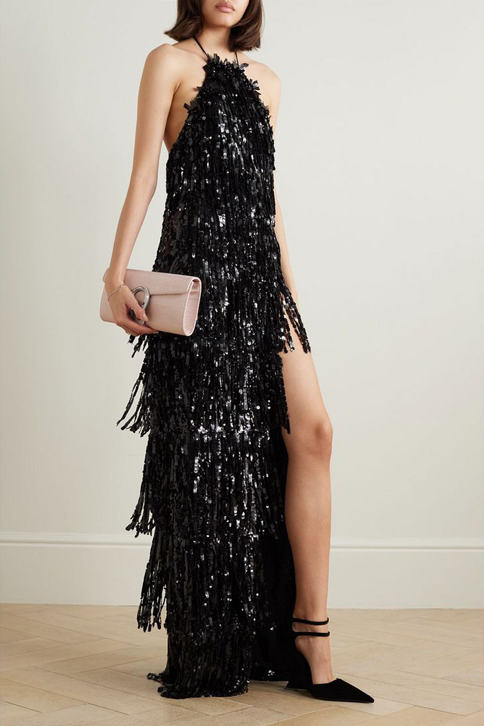 Carolina Herrera Embellished Crepe Halterneck Gown In Black