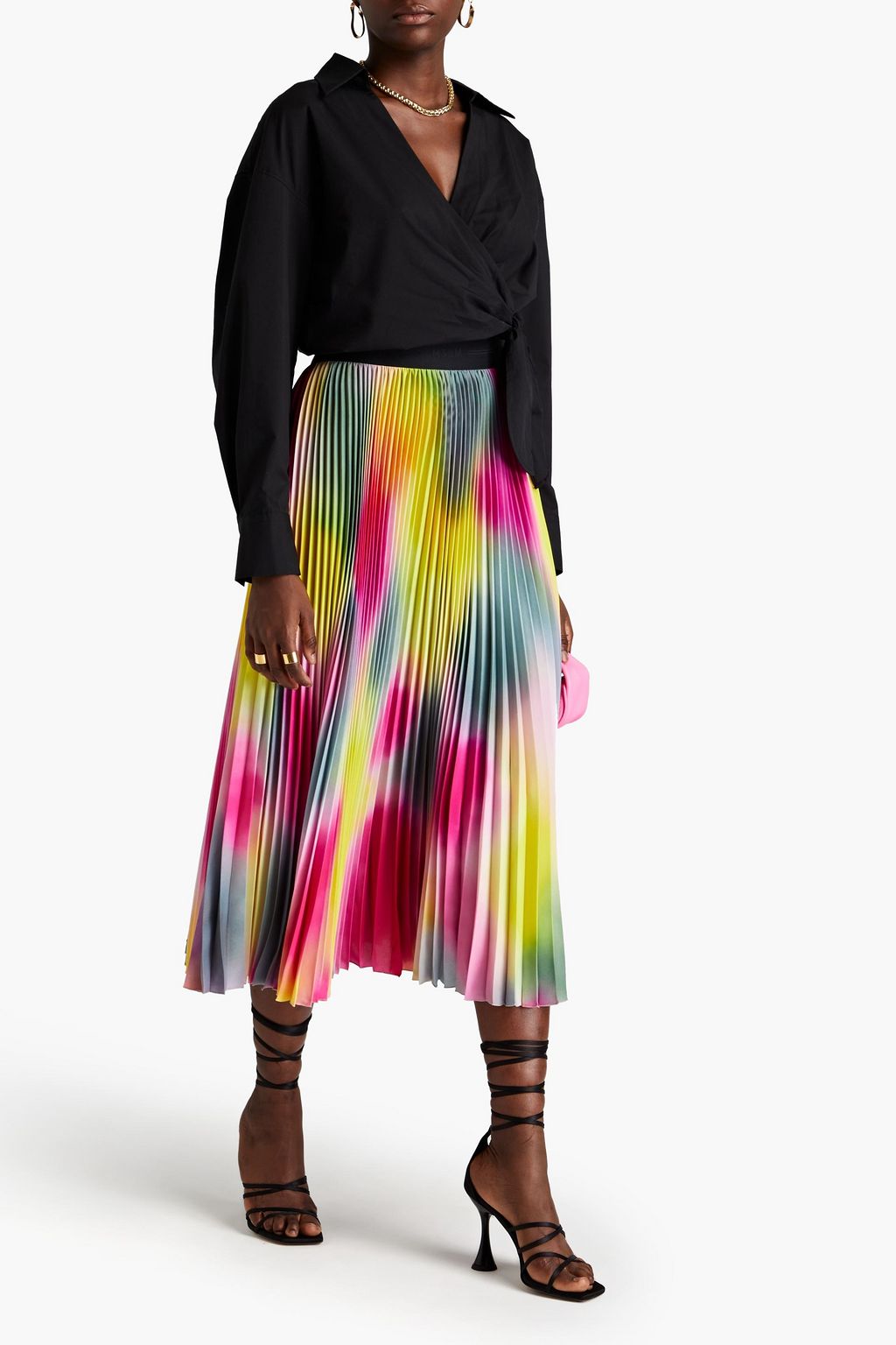 MSGM تنورة متوسطة الطول من حرير صيني بتصميم متدرّج الألوان مزينة بكسرات