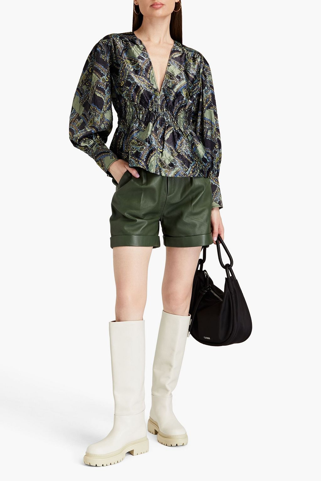 GANNI Crinkled paisley-print satin blouse