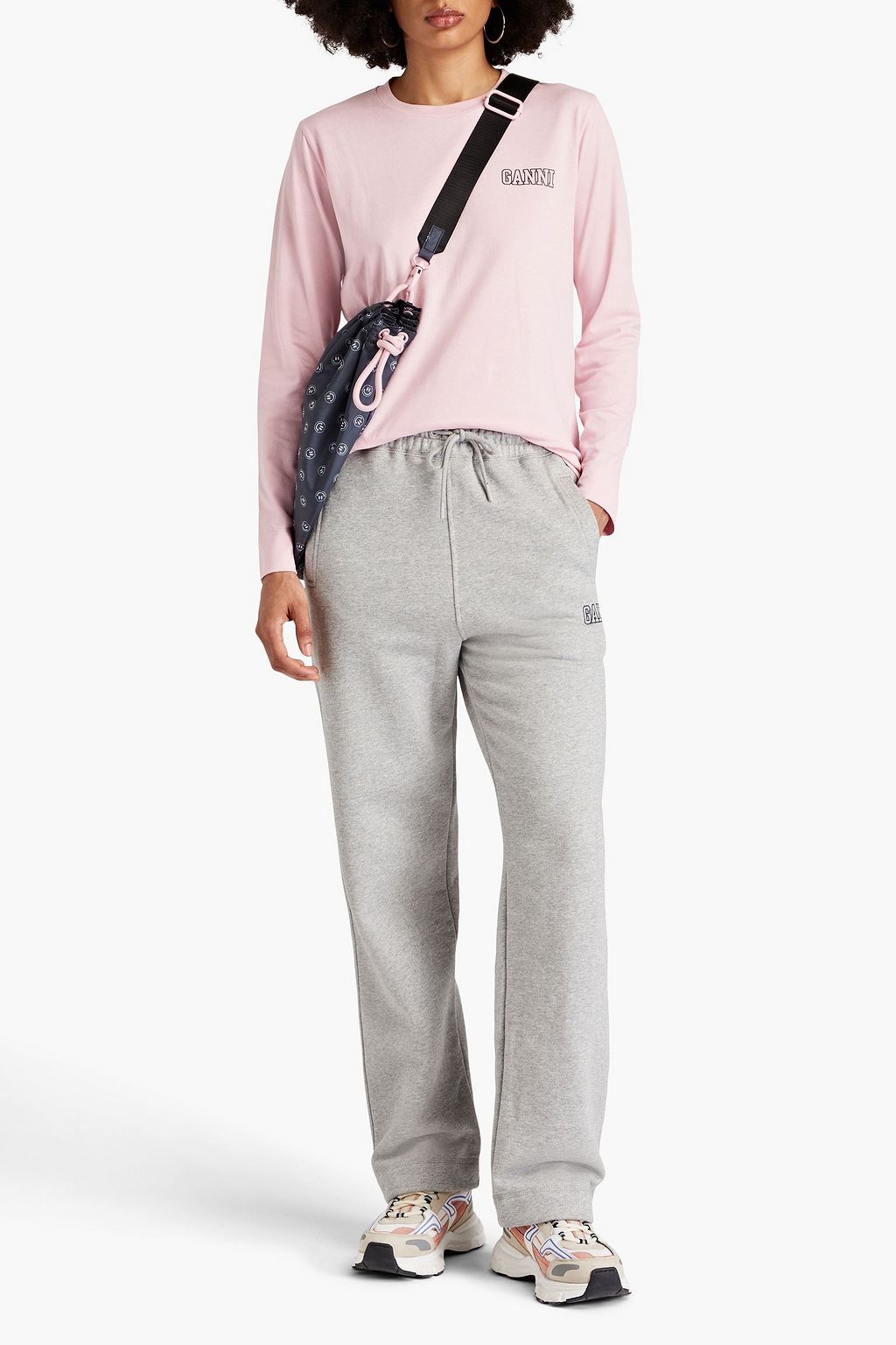 GANNI Embroidered French cotton-blend terry track pants