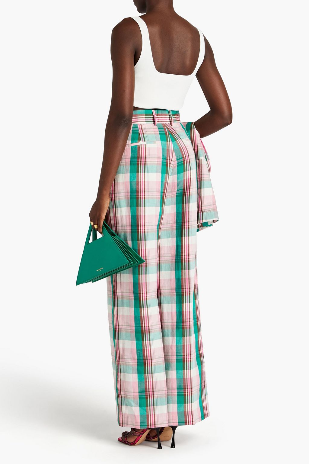 MSGM Gingham cotton and linen-blend wide-leg pants