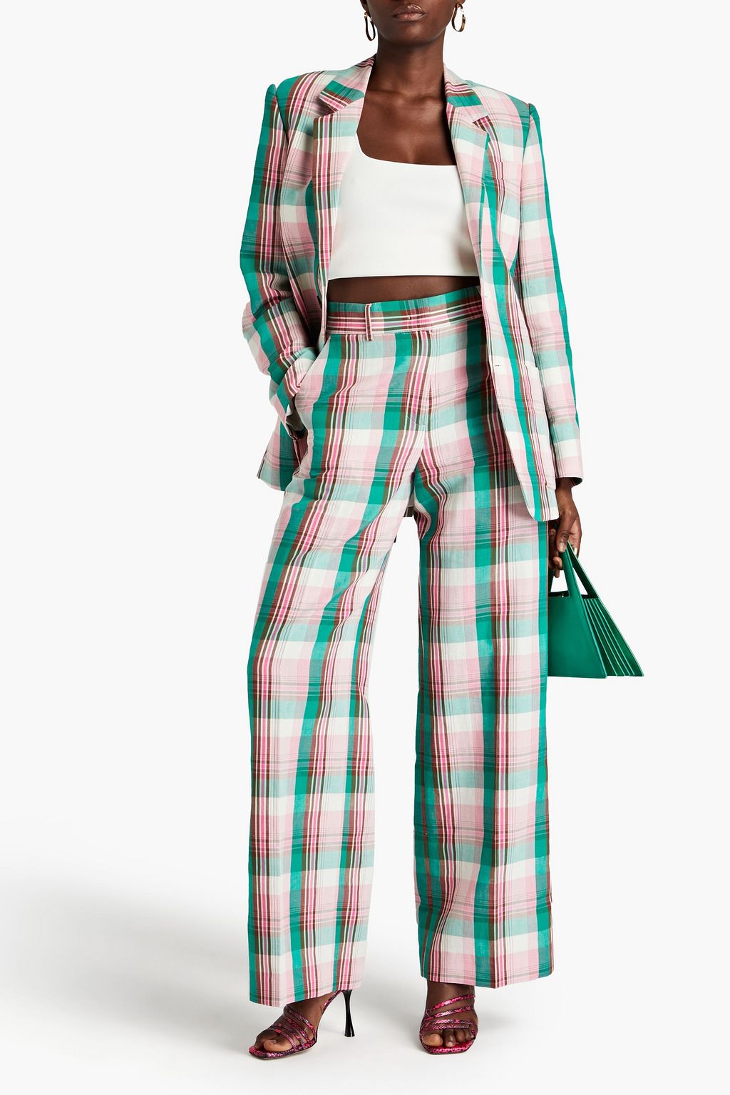 MSGM Gingham cotton and linen-blend wide-leg pants
