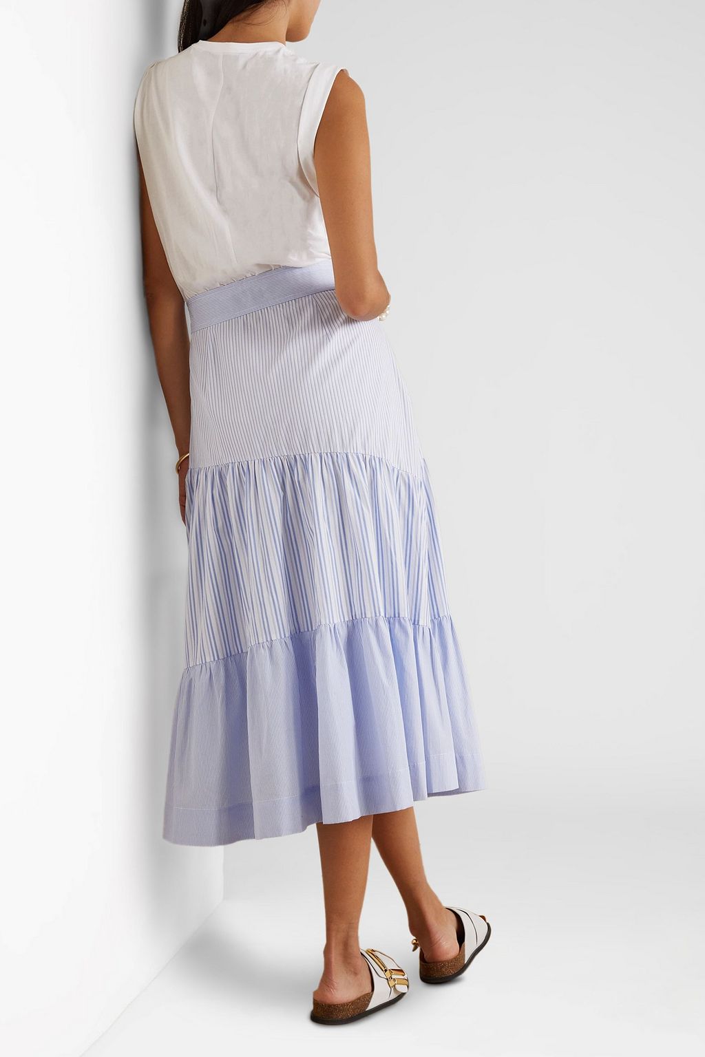 VERONICA BEARD Tilney gathered striped jersey-paneled cotton-poplin midi dress