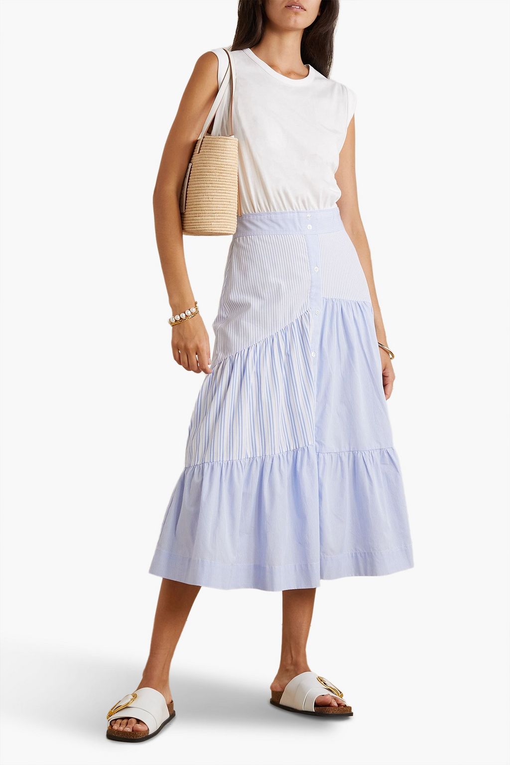 VERONICA BEARD Tilney gathered striped jersey-paneled cotton-poplin midi dress