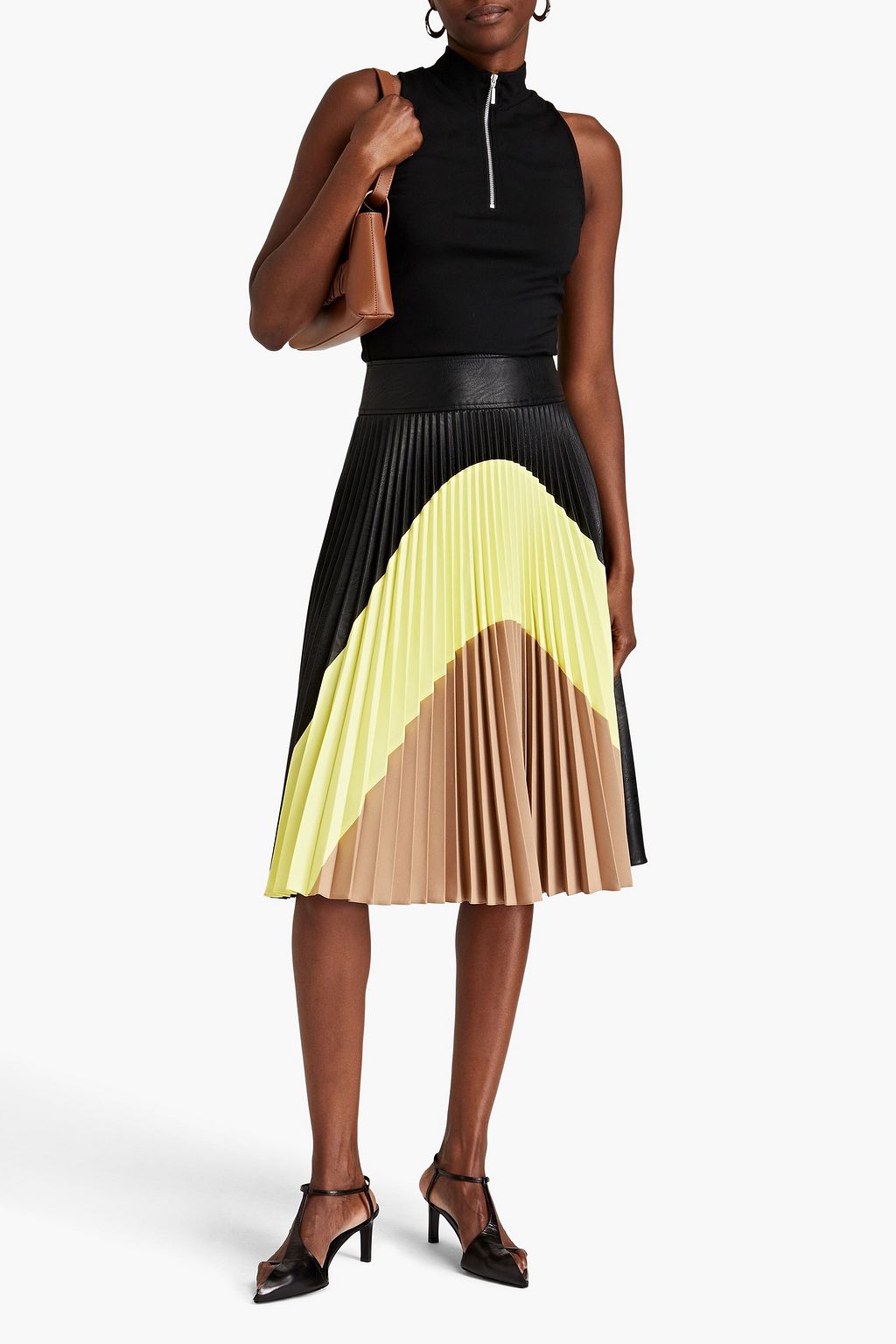 STELLA MCCARTNEY Carmen pleated crepe and faux leather midi skirt