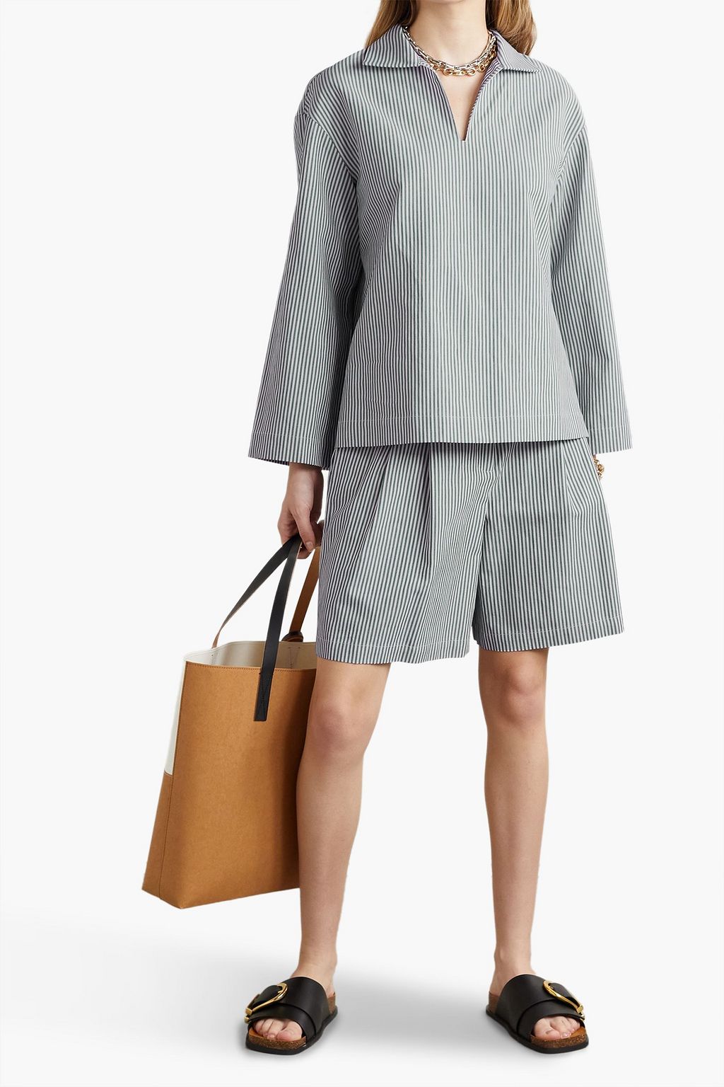 LAFAYETTE 148 شورت «ليروي» من التويل المصنوع من مزيج من القطن بتصميم مخطط مزين بكسرات