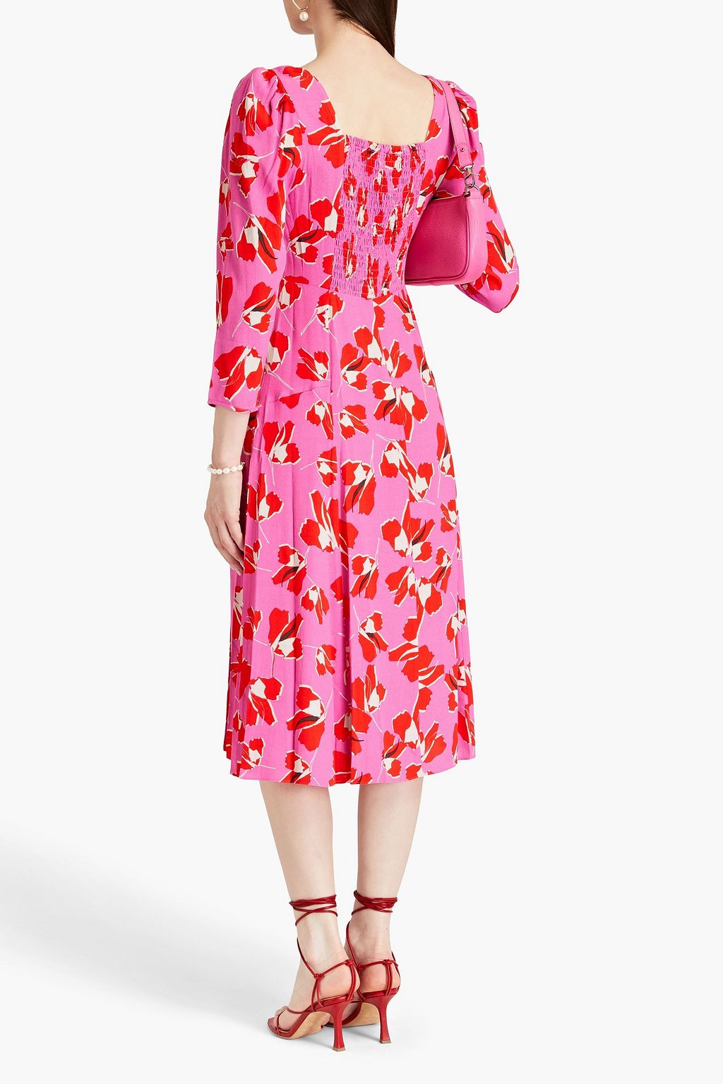 DIANE VON FURSTENBERG 플로럴 프린트 크레이프 플리츠 미디 드레스