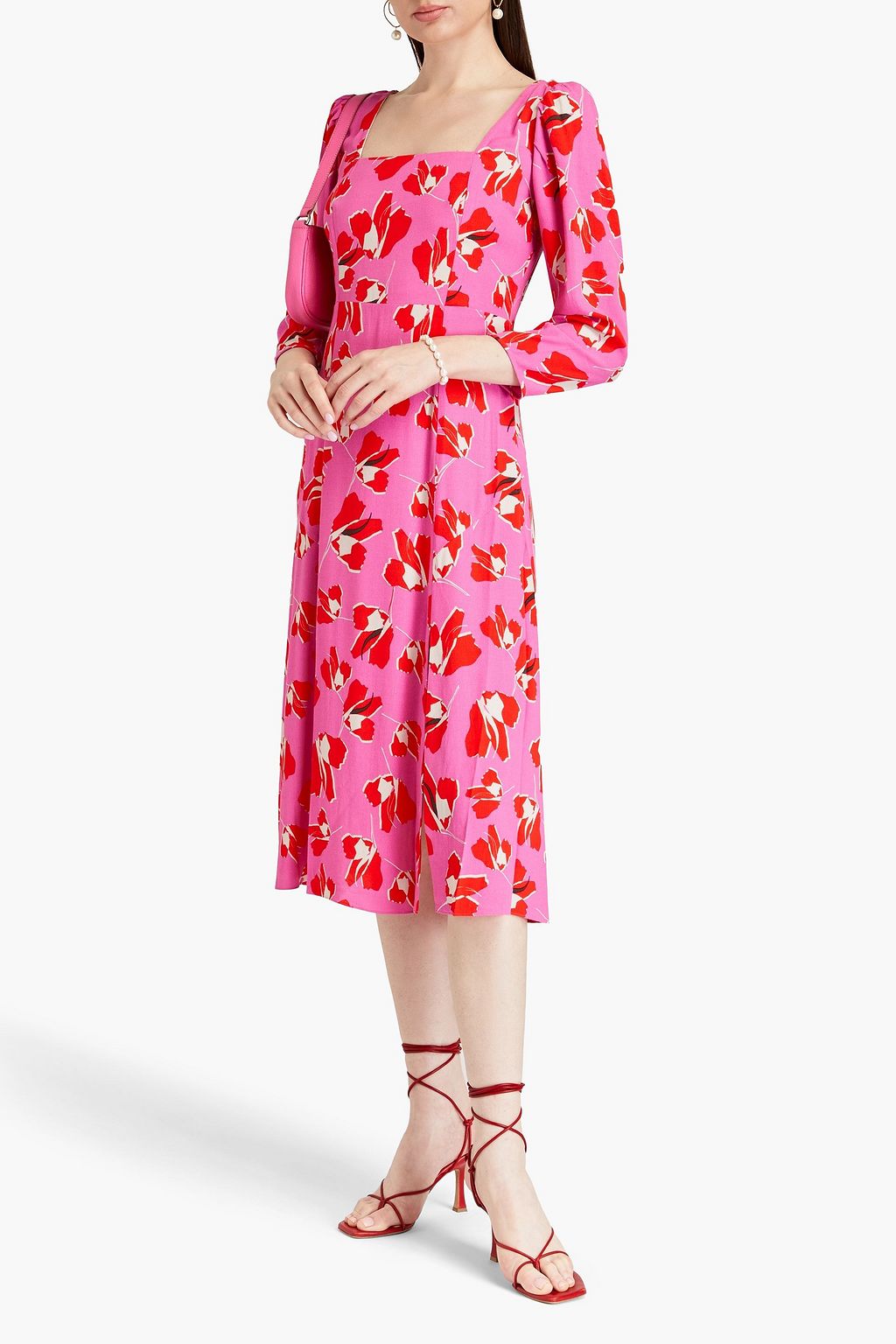 DIANE VON FURSTENBERG 플로럴 프린트 크레이프 플리츠 미디 드레스
