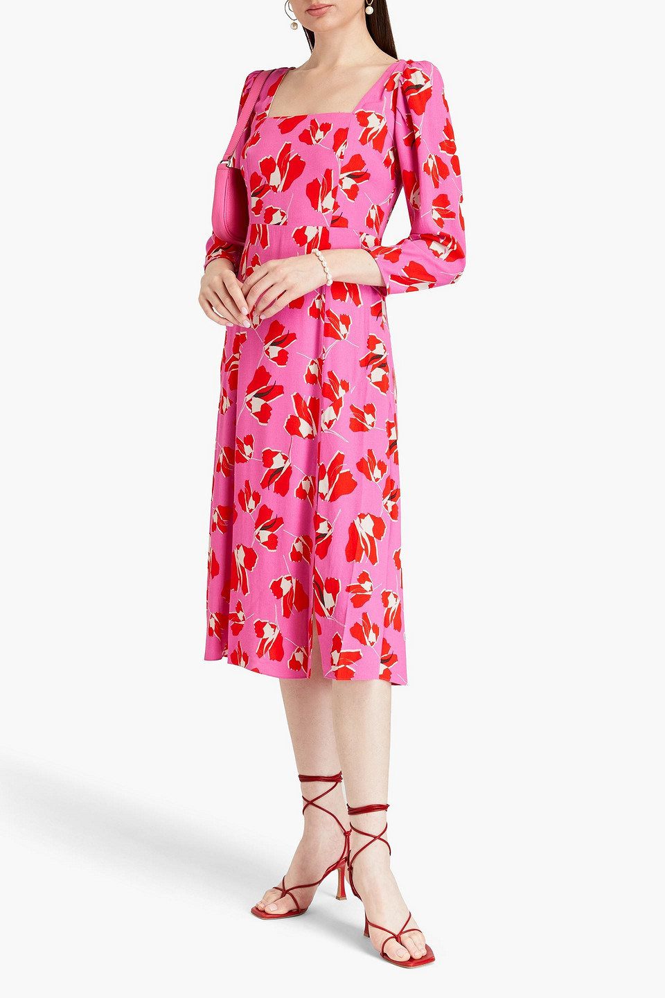 Diane Von Furstenberg Pleated Floral-print Crepe Midi Dress In Red
