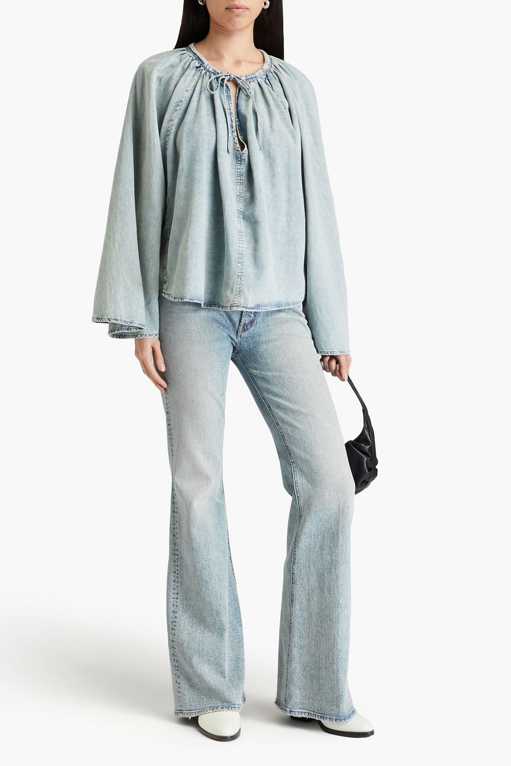 FRAME Faded cotton and linen-blend chambray blouse
