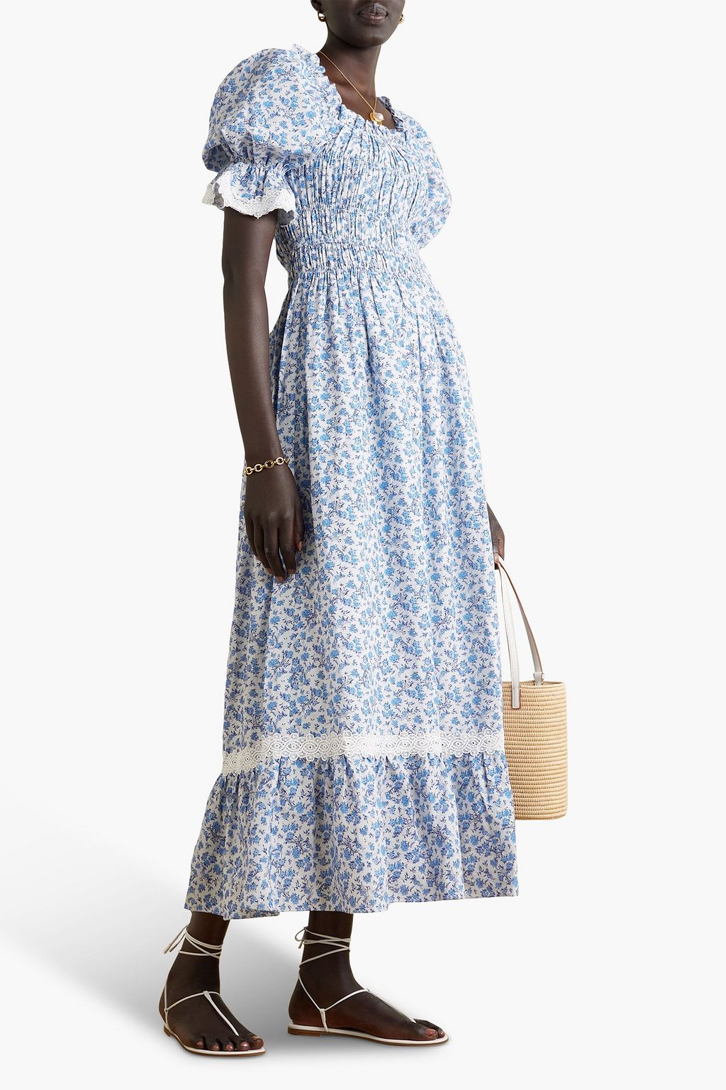 LUG VON SIGA Elisa smocked floral-print cotton and linen-blend midi dress