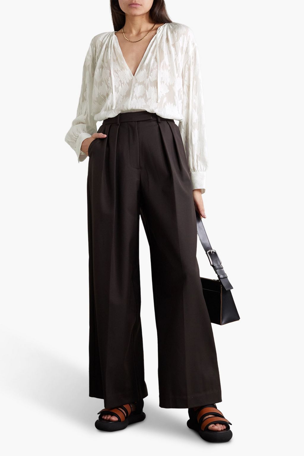 VINCE. Shirred silk and cotton-blend jacquard blouse