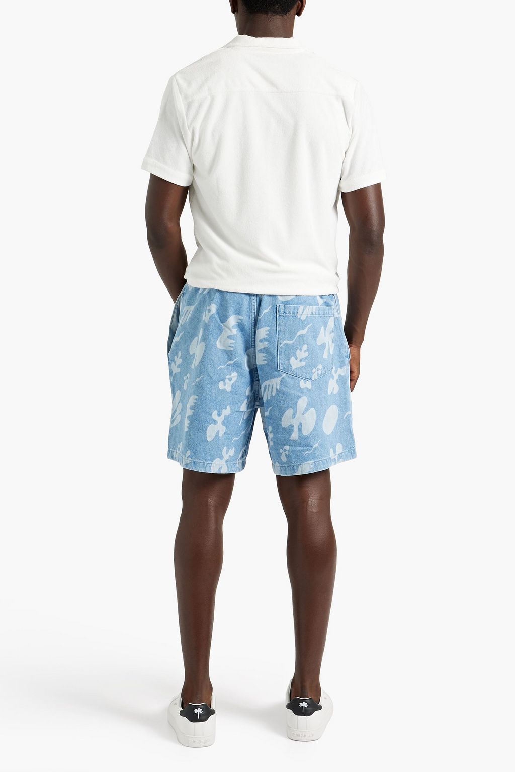 FRAME Printed denim drawstring shorts