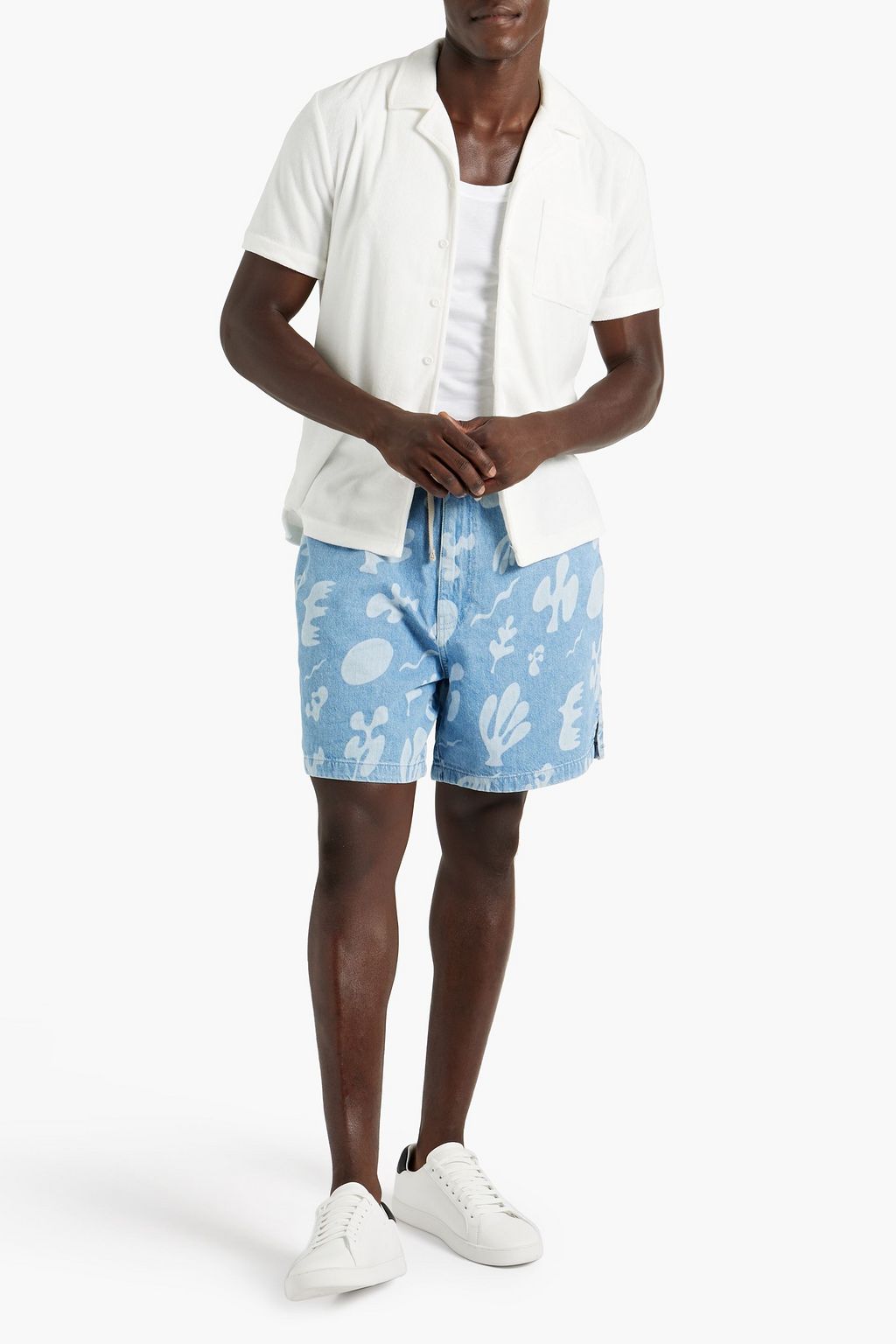FRAME Printed denim drawstring shorts