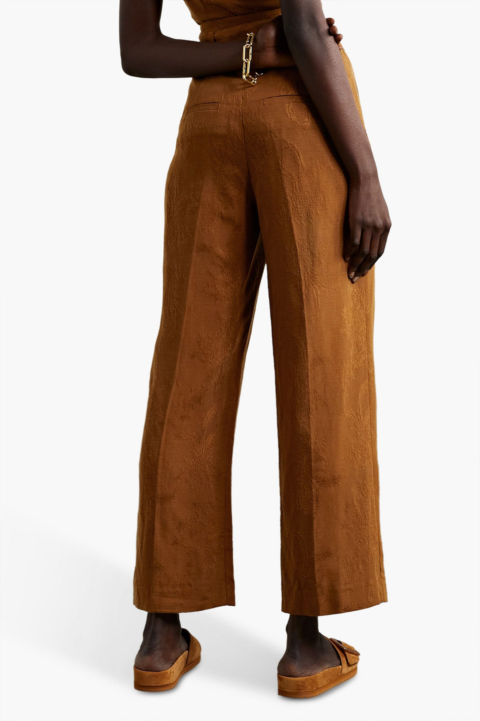 Shop Veronica Beard Vitha Cropped Modal And Linen-blend Jacquard Wide-leg Pants In Camel