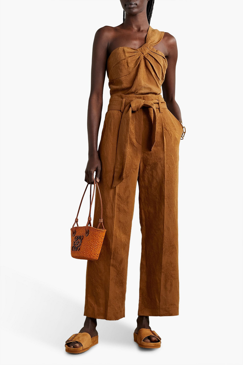 Shop Veronica Beard Vitha Cropped Modal And Linen-blend Jacquard Wide-leg Pants In Camel