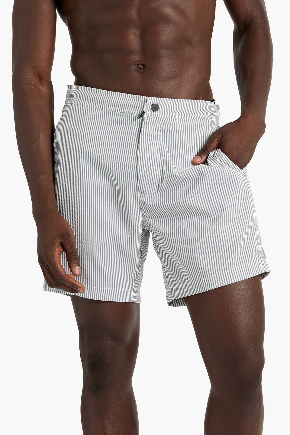 Shop Onia Calder Short-length Striped Swim Shorts In Gray