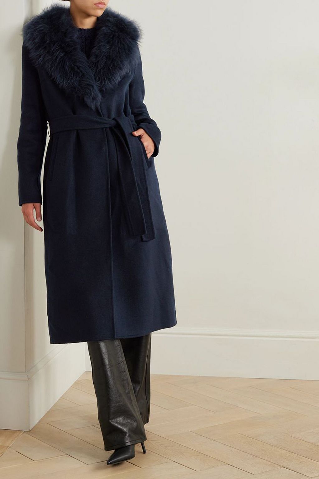 YVES SALOMON Belted shearling-trimmed wool and cashmere-blend coat