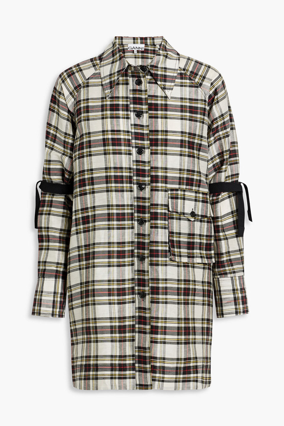 Shop Ganni Checked Linen And Silk-blend Shirt In Black