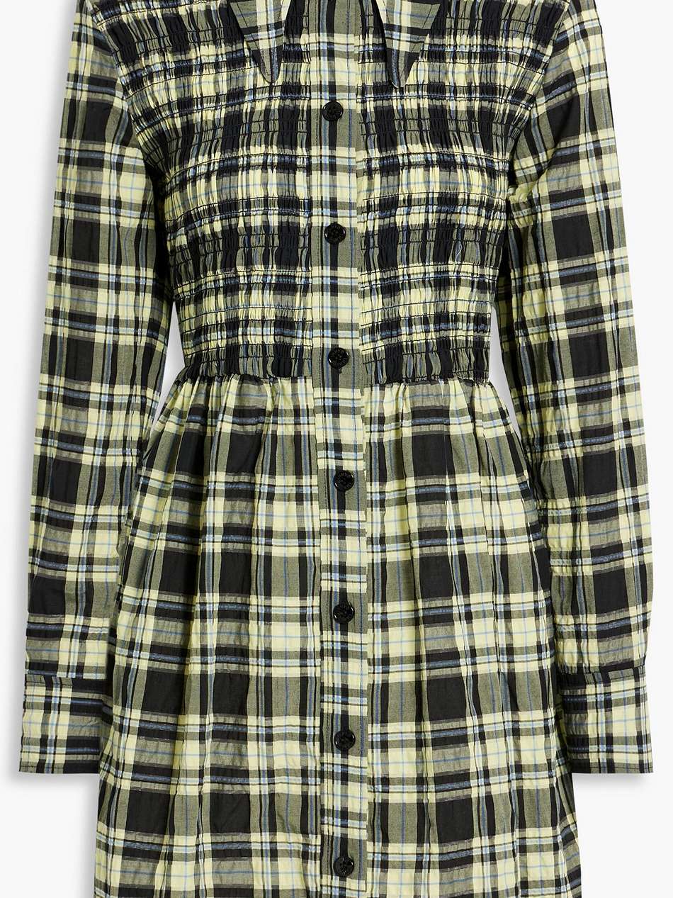 checked cotton-blend seersucker mini shirt dress
