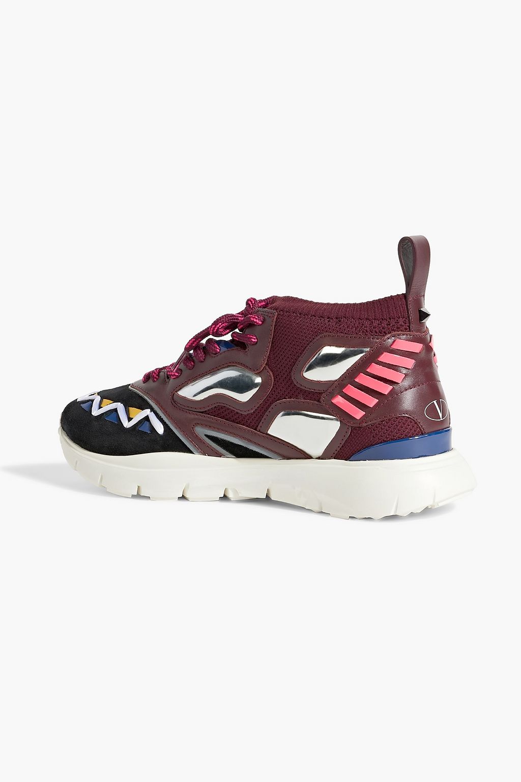 VALENTINO GARAVANI Embellished mesh, leather and suede sneakers
