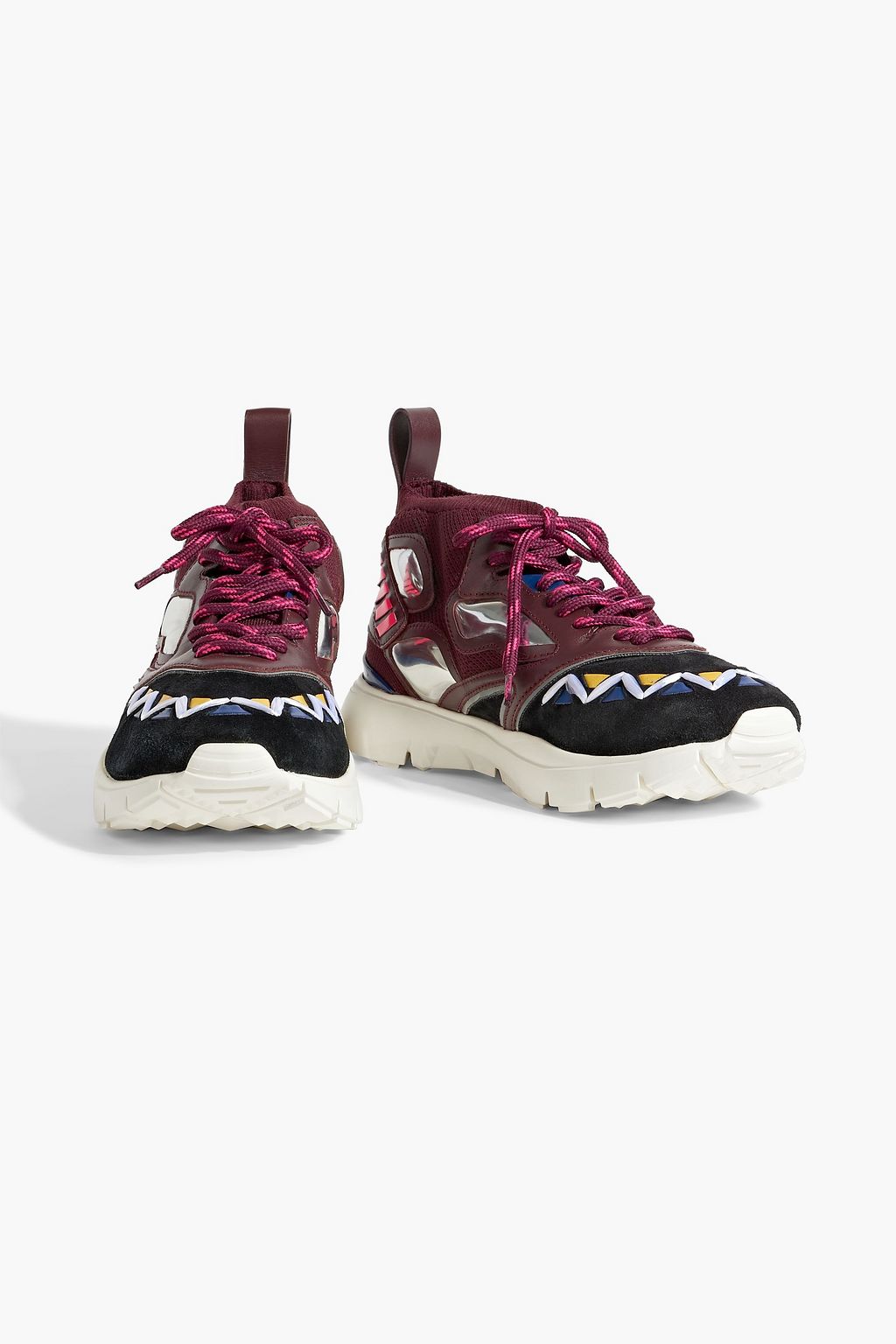 VALENTINO GARAVANI Embellished mesh, leather and suede sneakers