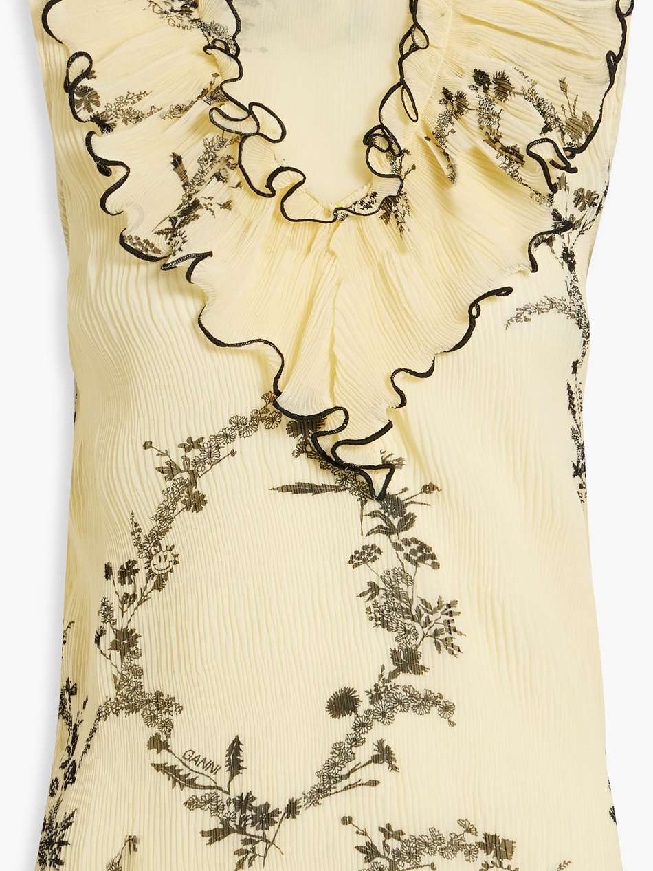 ruffled floral-print plissé-chiffon top