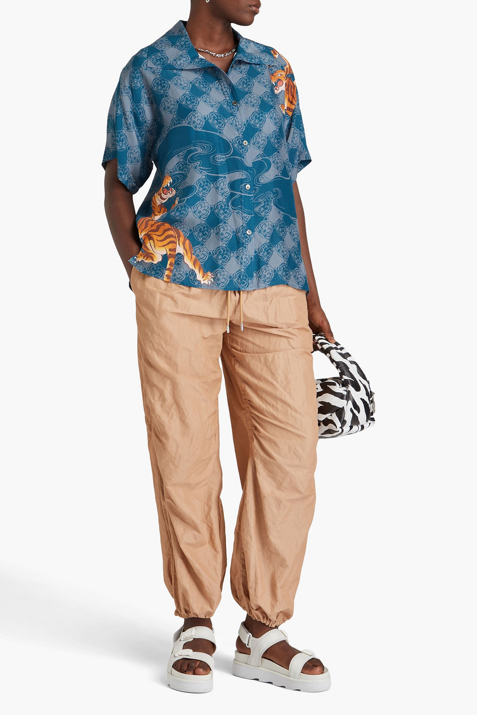 Shop Kenzo Printed Silk Crepe De Chine Shirt In Slate Blue