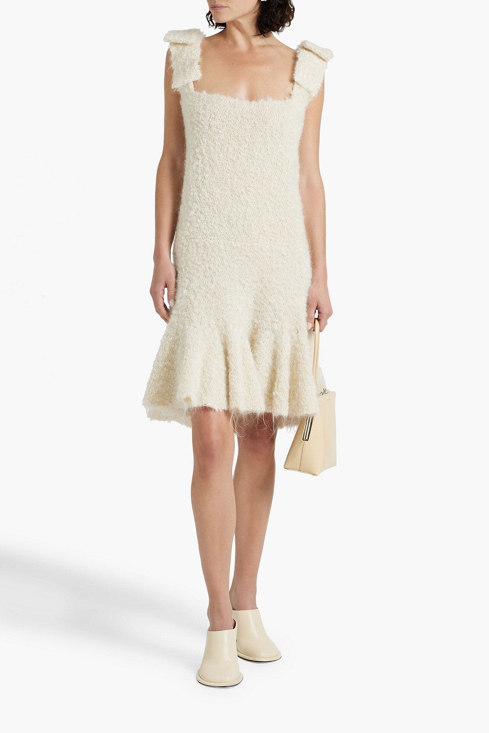 Shop Jil Sander Bow-embellished Bouclé-knit Mohair-blend Dress In Cream