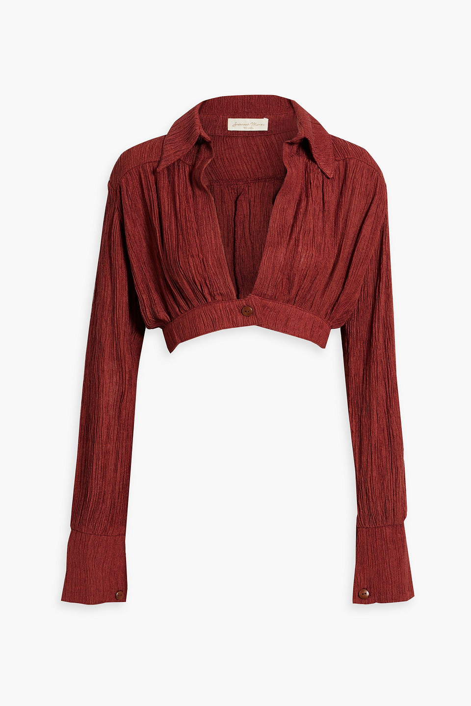 Savannah Morrow Claudia Cropped Plissé Silk-blend Top In Brick