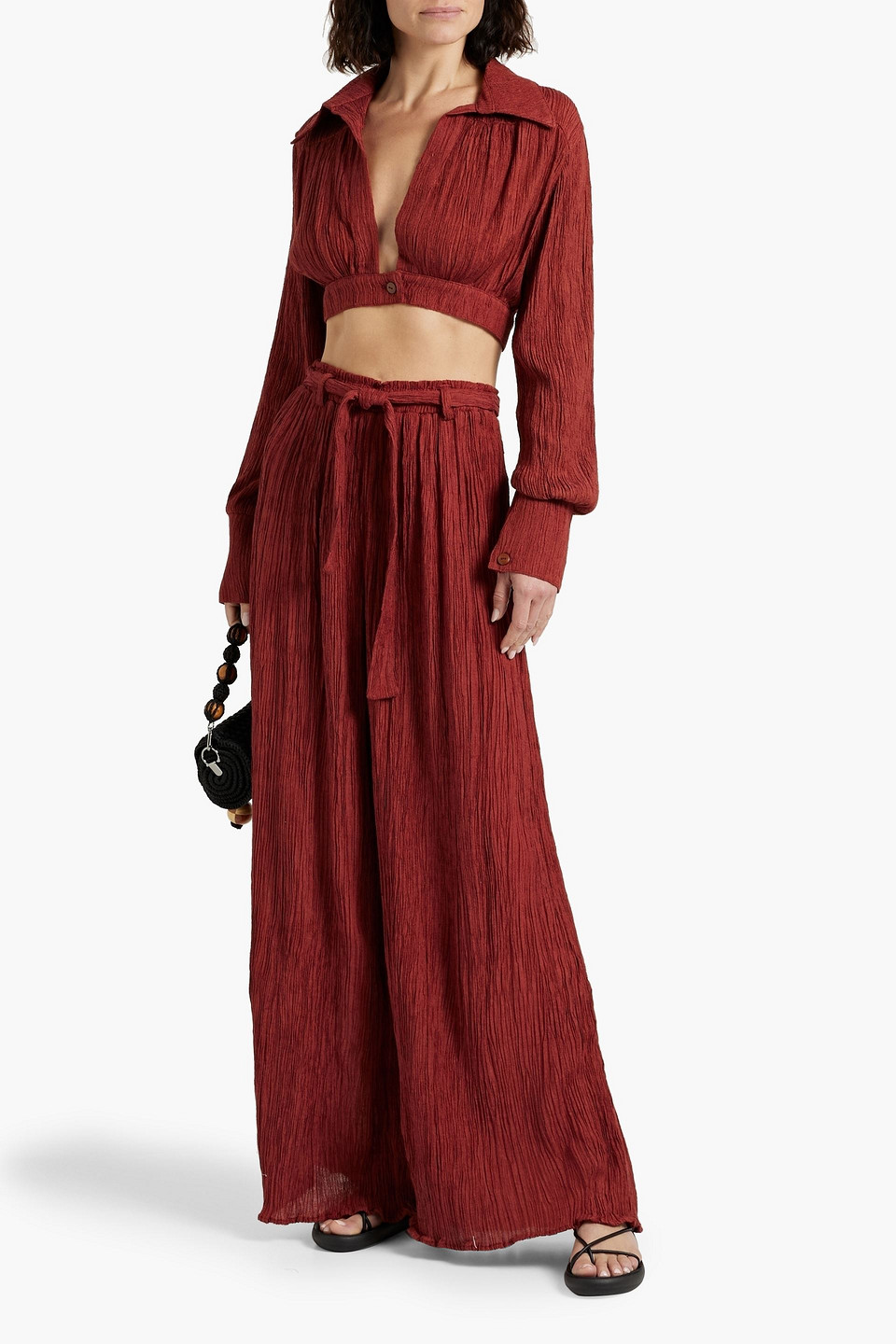 Shop Savannah Morrow Claudia Cropped Plissé Silk-blend Top In Brick