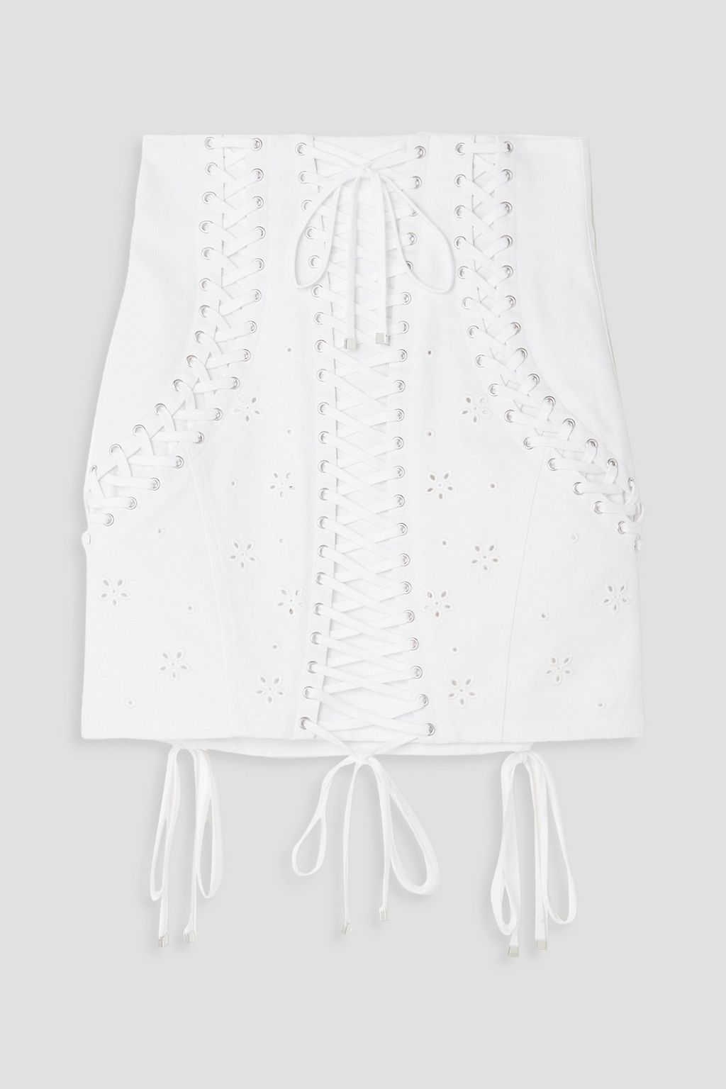Lace up broderie anglaise denim mini skirt