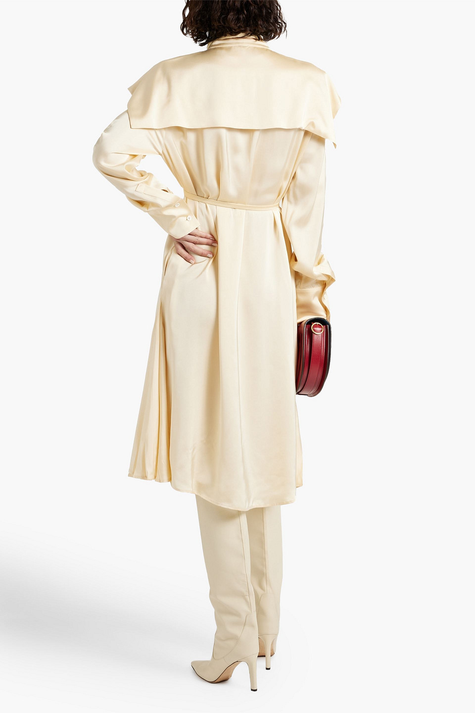 Jil Sander Belted Pleated Satin Midi Dress In Cream