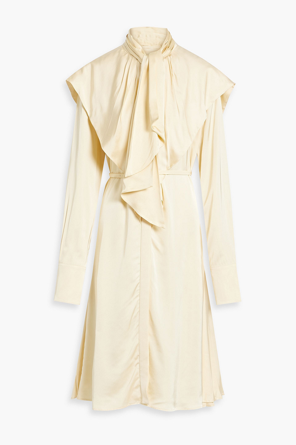 Jil Sander Belted Pleated Satin Midi Dress In Cream