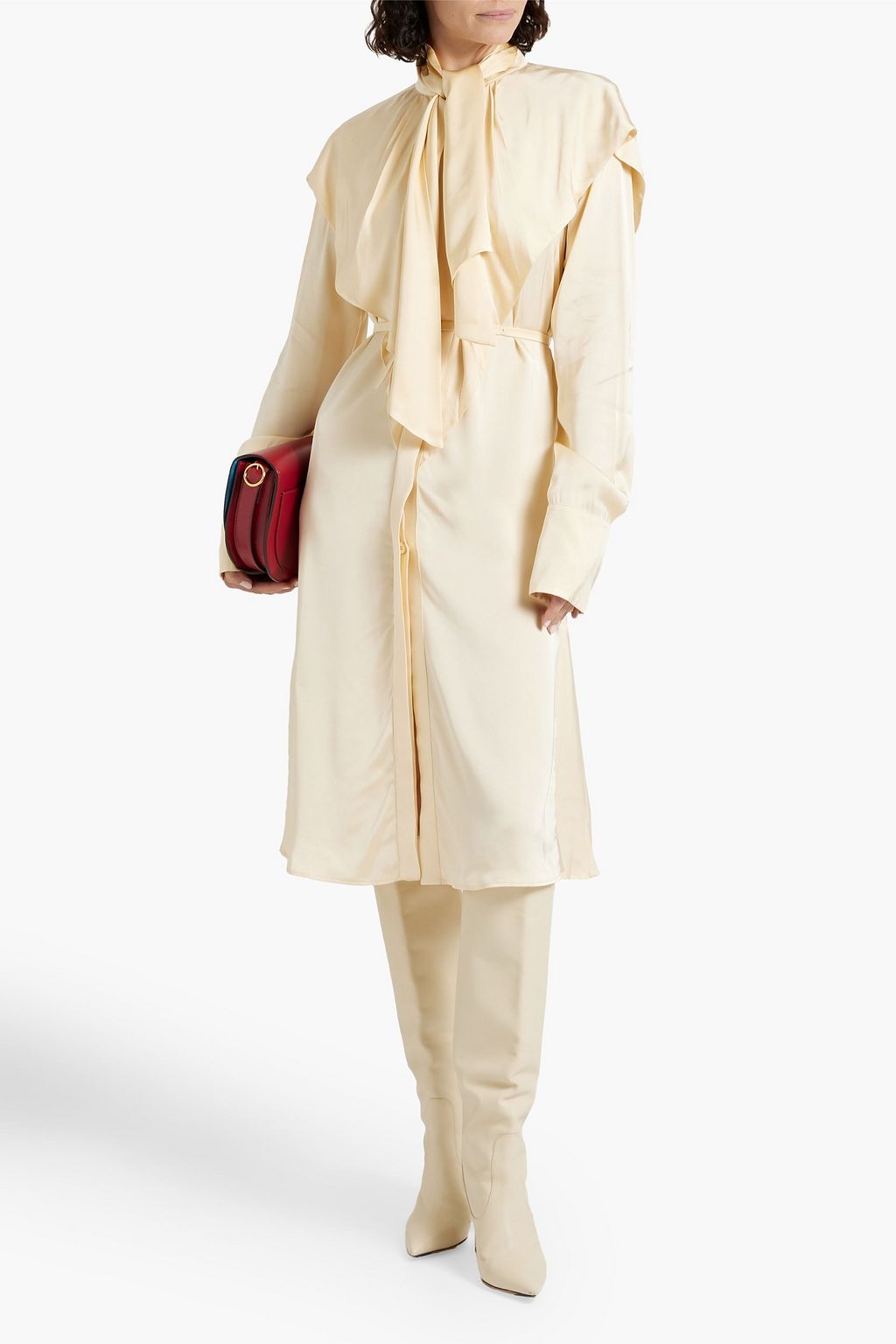 JIL SANDER فستان متوسط الطول من الساتان بتصميم درابيه مزود بحزام
