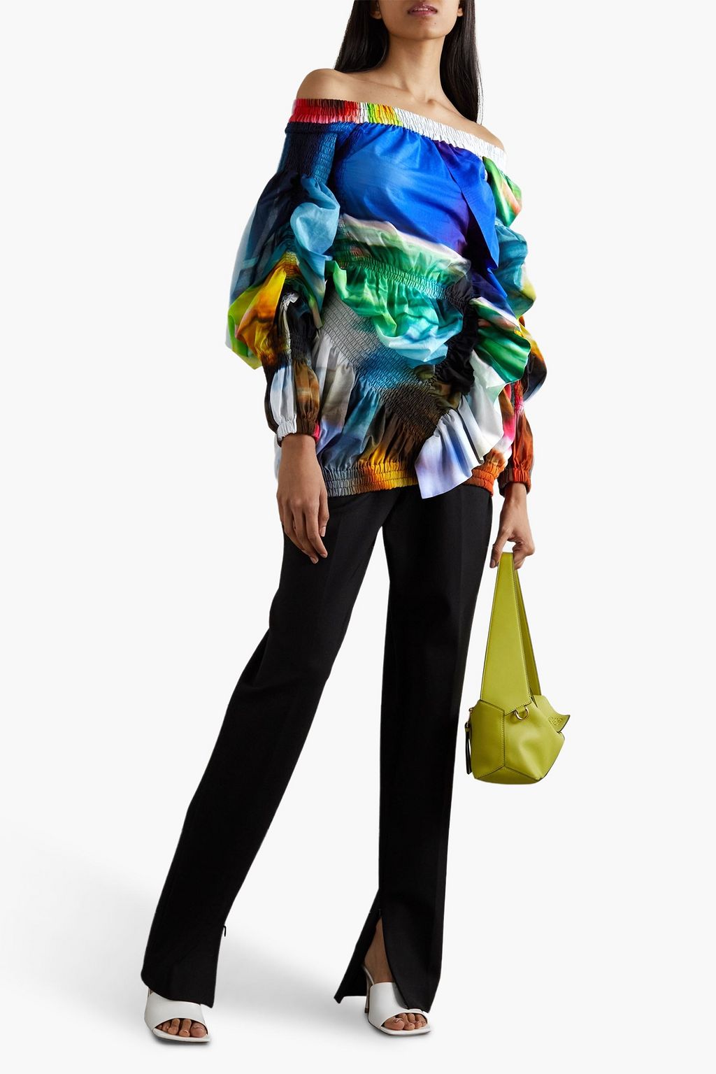 DRIES VAN NOTEN Schulterfreie Bluse aus Baumwolle mit Print und Rüschen