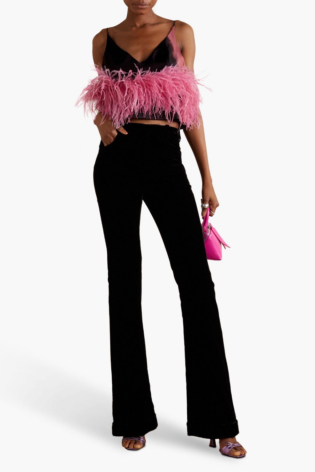 16ARLINGTON Cropped Top aus glänzendem Twill mit Federverzierung