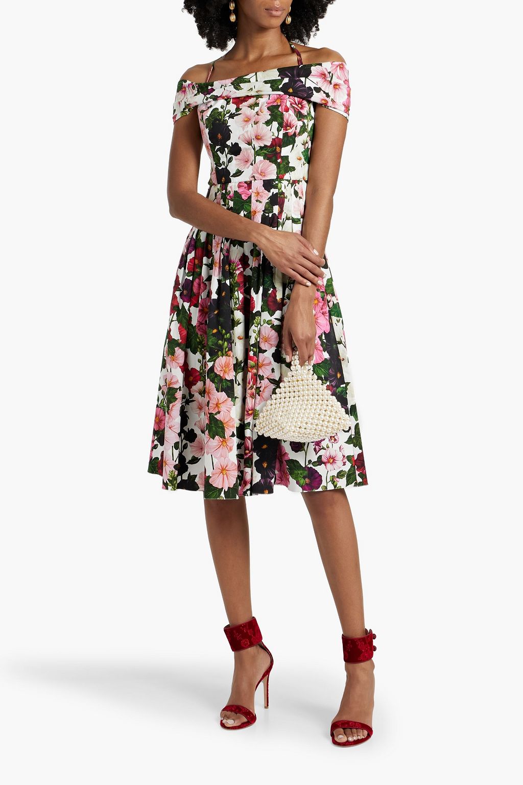 OSCAR DE LA RENTA Cold-shoulder floral-print cotton-blend poplin midi dress