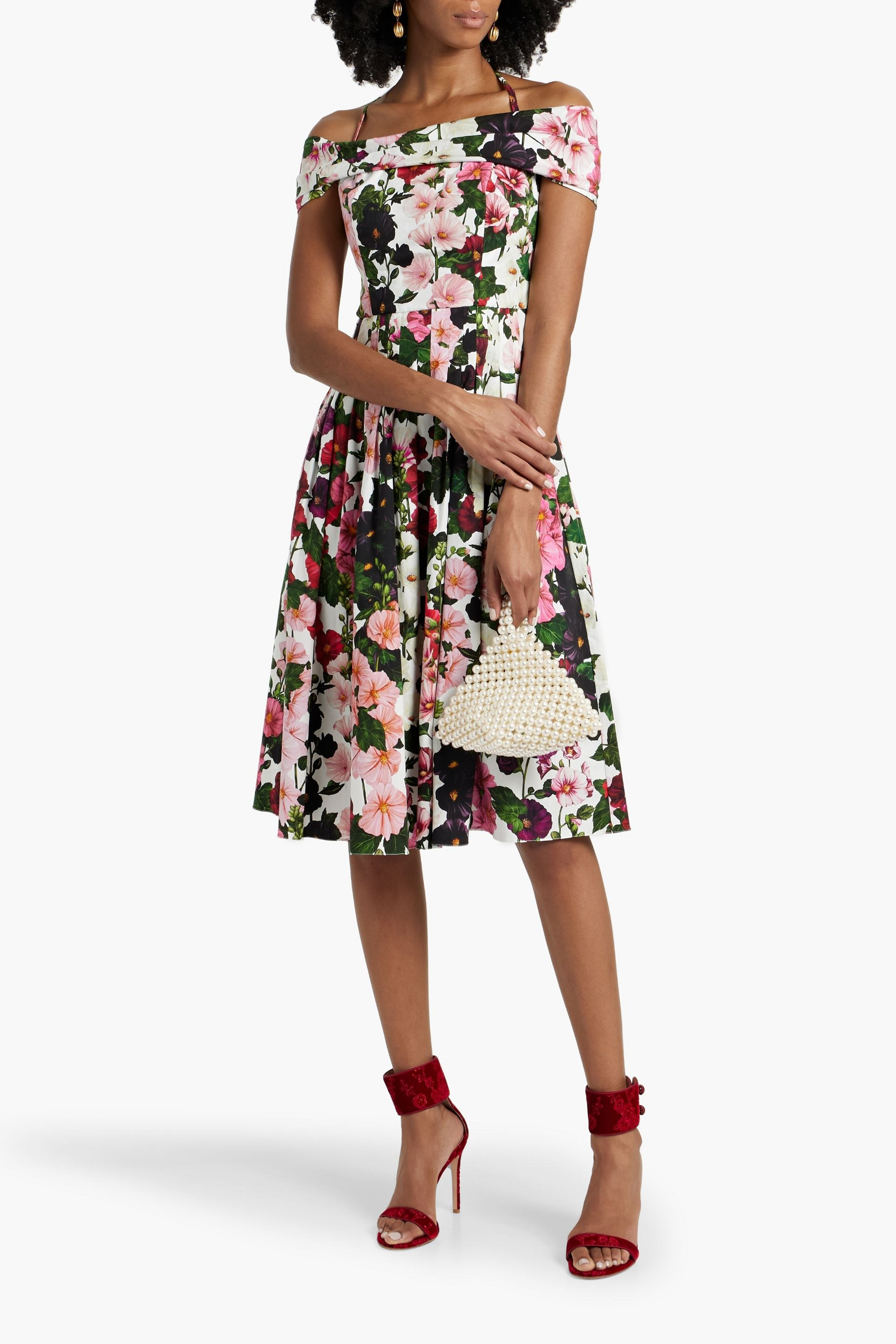 Oscar de la Renta Cold-shoulder floral-print cotton-blend poplin midi dress