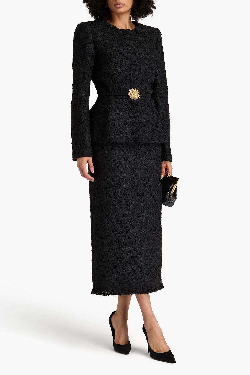 OSCAR DE LA RENTA Embroidered belted tweed jacket